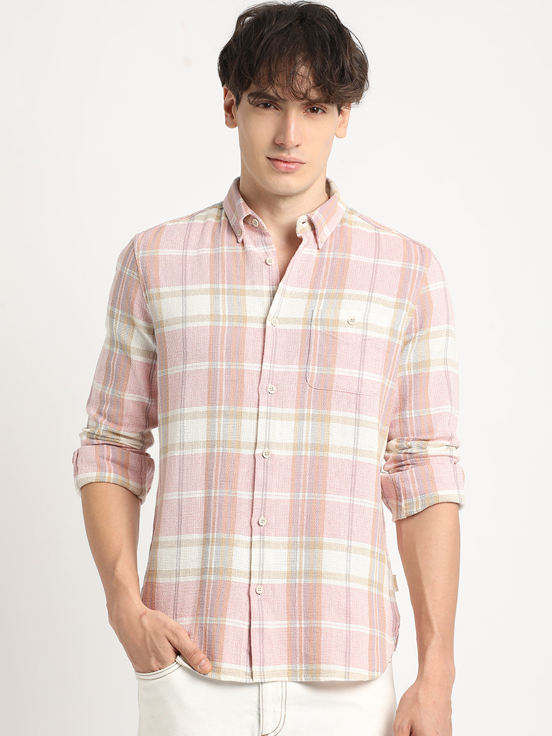 Men Pink Checked Slim Fit Cotton Casual Shirt