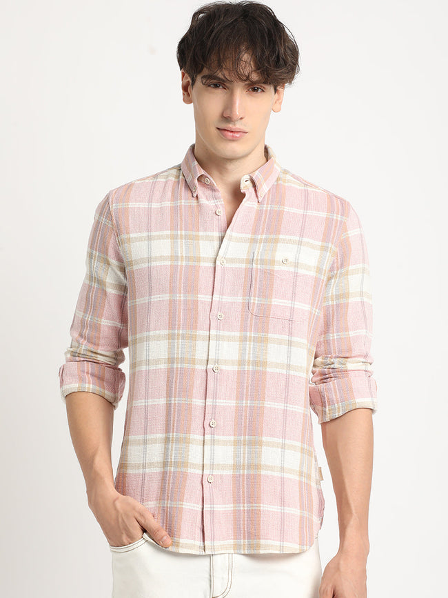 Men Pink Checked Slim Fit Cotton Casual Shirt