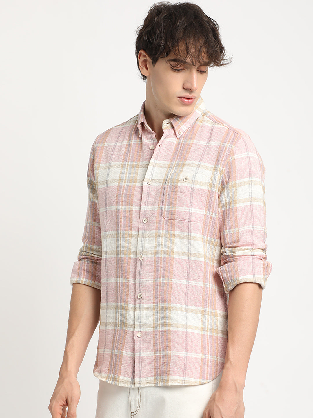 Men Pink Checked Slim Fit Cotton Casual Shirt