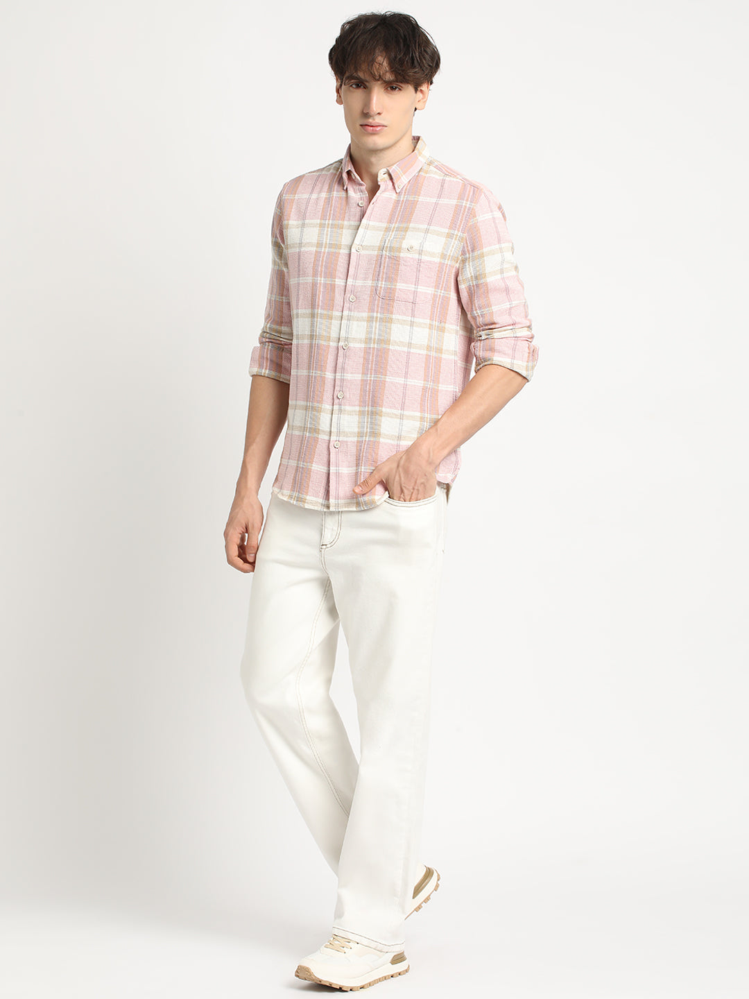 Men Pink Checked Slim Fit Cotton Casual Shirt
