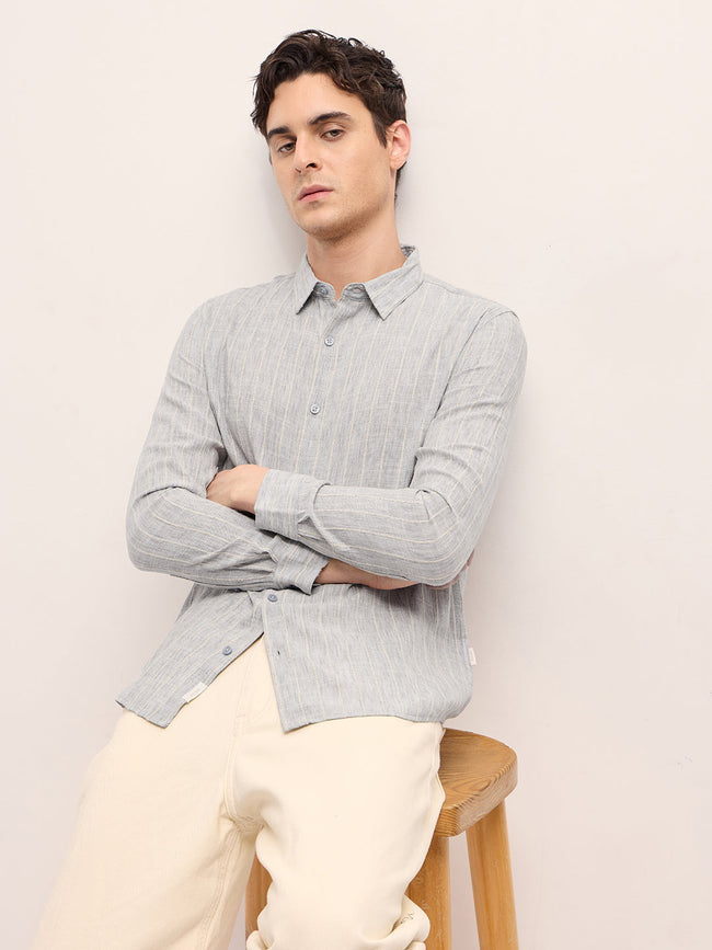 Men Grey Textured Vertical Stripe Slim Fit Casual Shirt