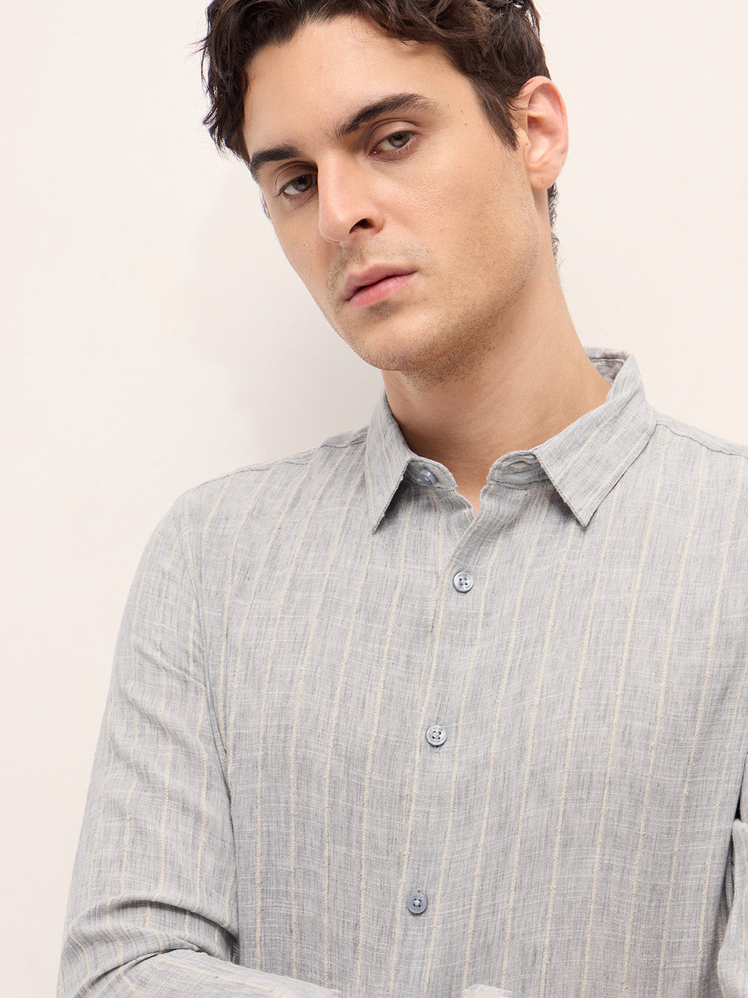 Men Grey Textured Vertical Stripe Slim Fit Casual Shirt