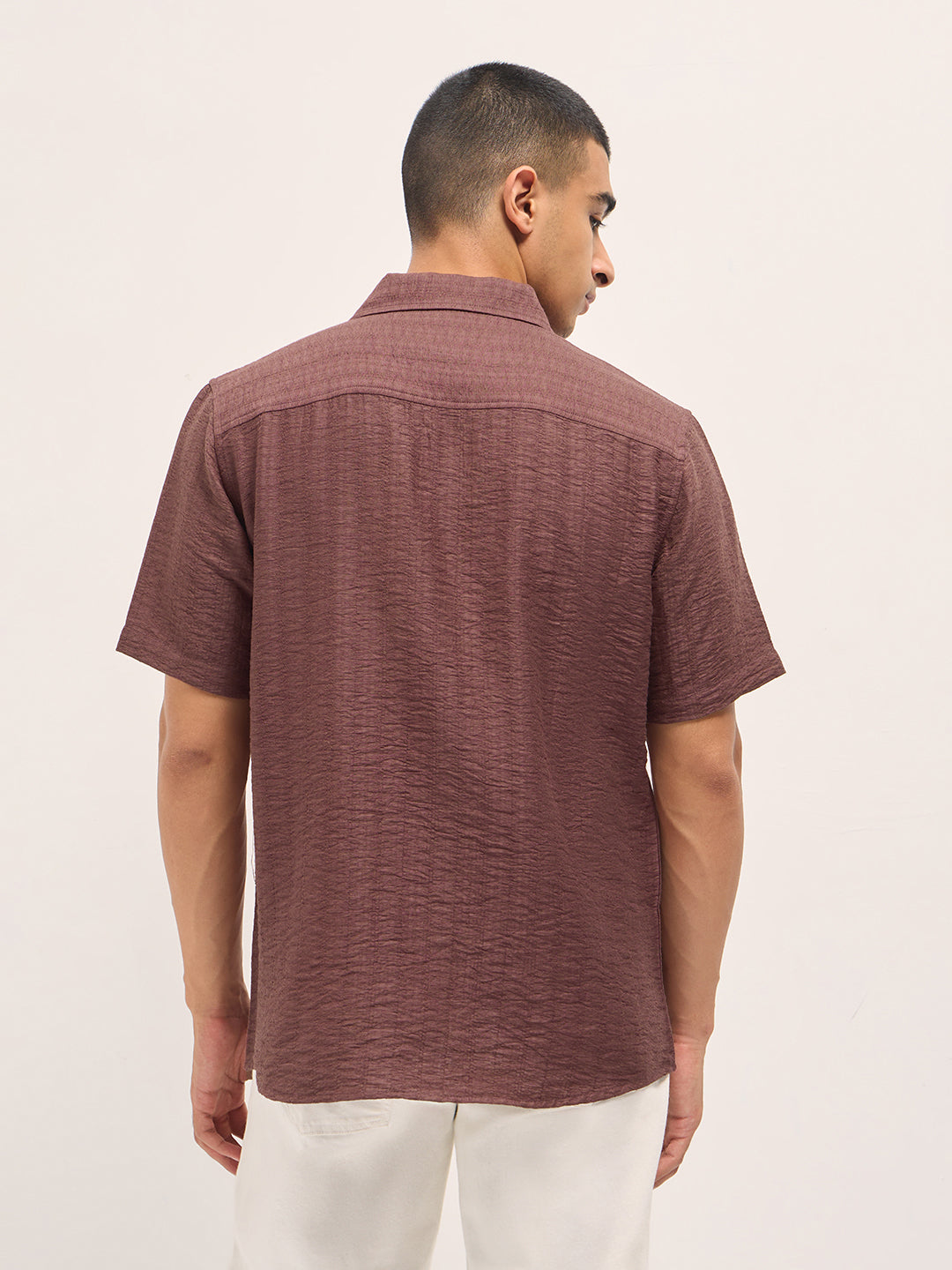 Men Brown Crinkled Textured Regular Fit Half-Sleeve Casual Shirt