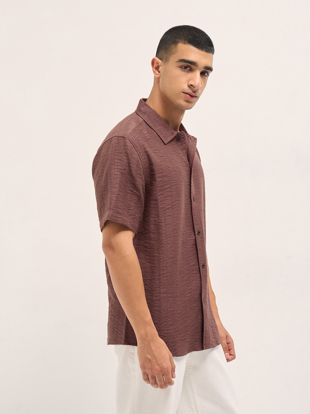 Men Brown Crinkled Textured Regular Fit Half-Sleeve Casual Shirt