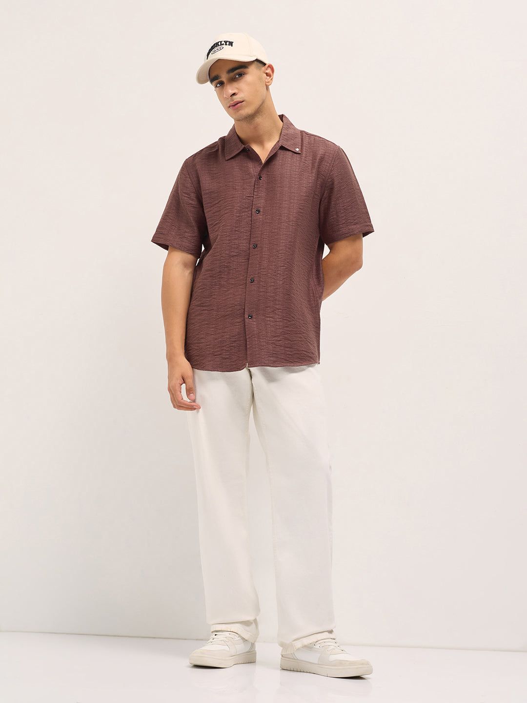 Men Brown Crinkled Textured Regular Fit Half-Sleeve Casual Shirt