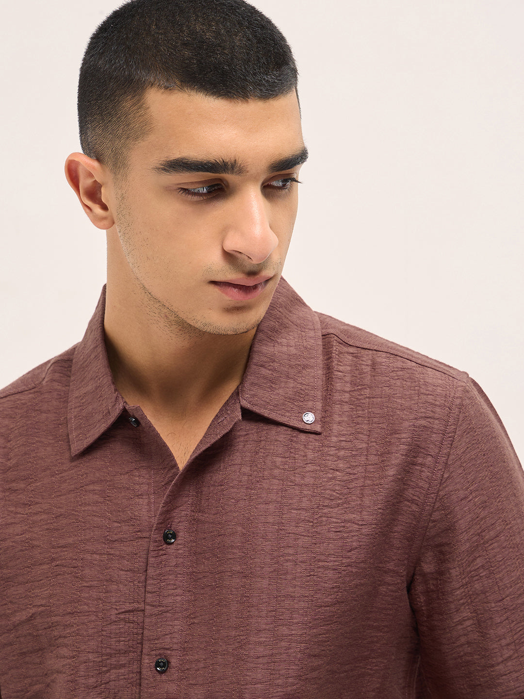Men Brown Crinkled Textured Regular Fit Half-Sleeve Casual Shirt