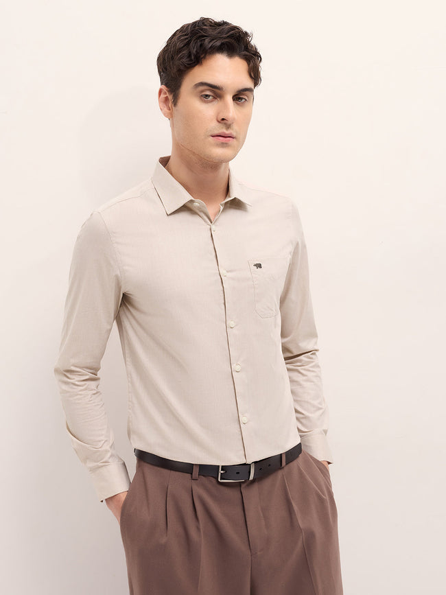 Men Beige Solid Tailored Fit Polyester Blend Formal Shirt