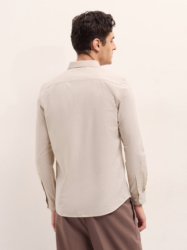 Men Beige Solid Tailored Fit Polyester Blend Formal Shirt