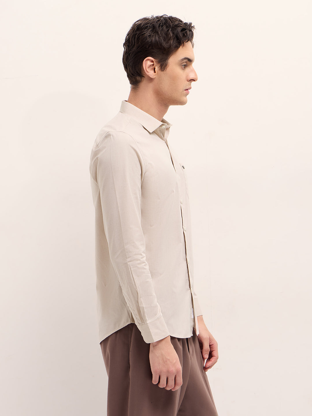 Men Beige Solid Tailored Fit Polyester Blend Formal Shirt