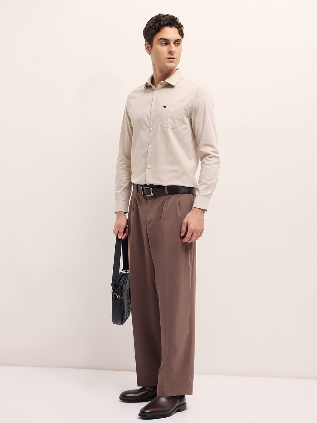 Men Beige Solid Tailored Fit Polyester Blend Formal Shirt