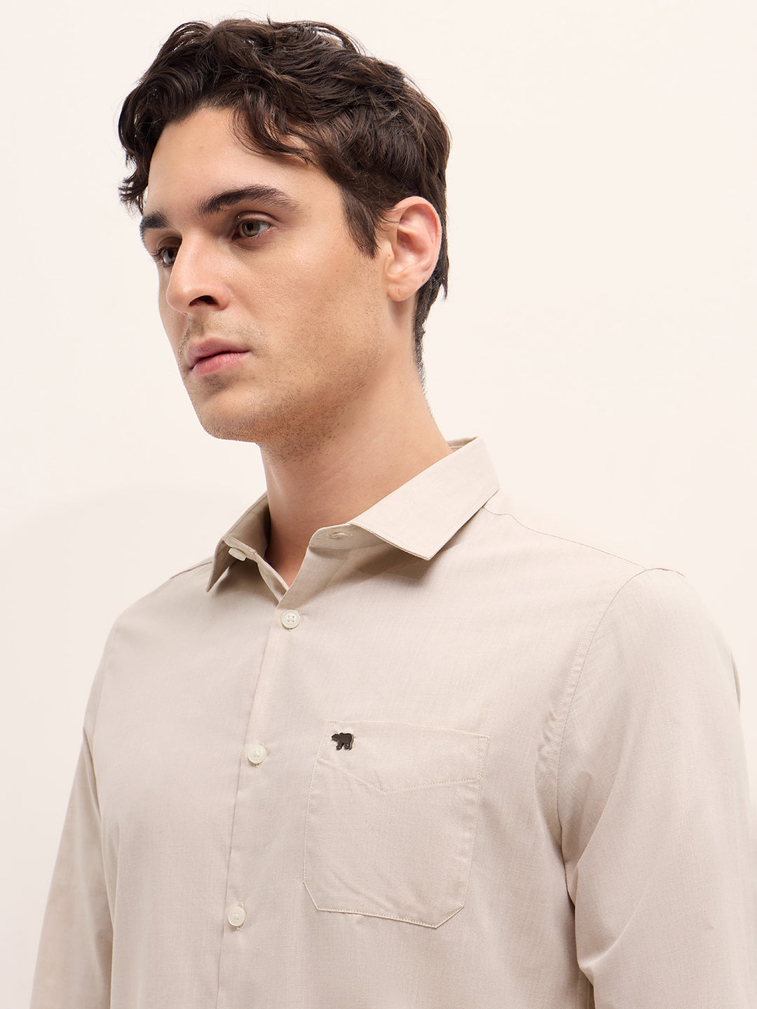 Men Beige Solid Tailored Fit Polyester Blend Formal Shirt