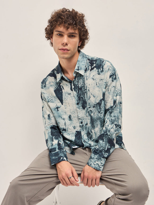 Men Blue Abstract Brushstroke effects Relax Fit Overshirt