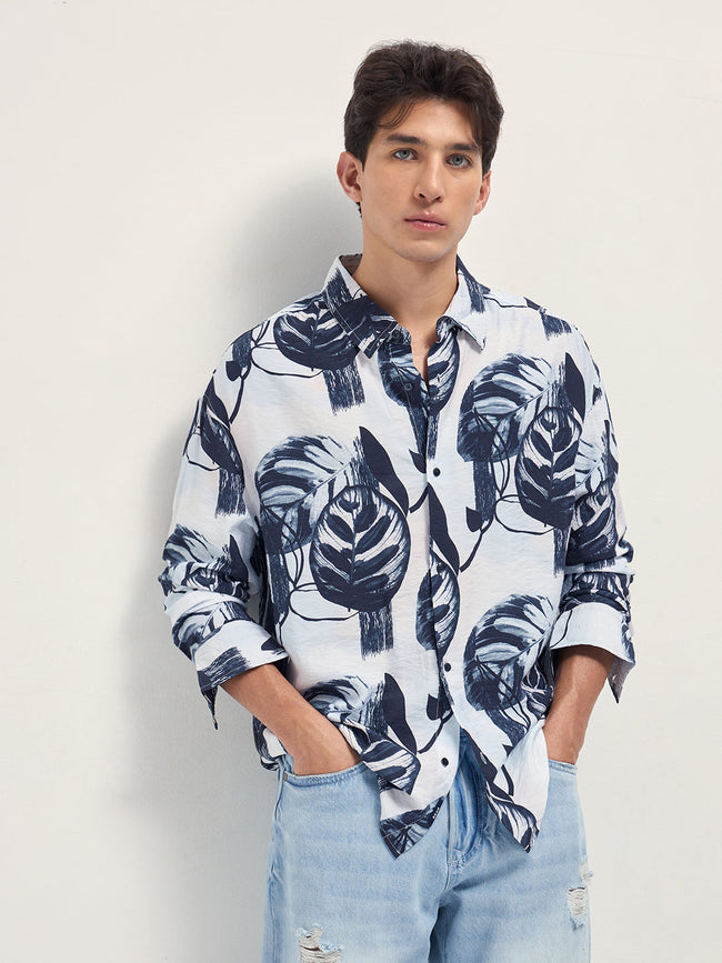 Men White Digital Tropical Print Relaxed Fit Overshirt