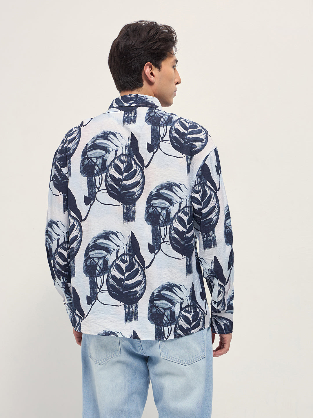 Men White Digital Tropical Print Relaxed Fit Overshirt