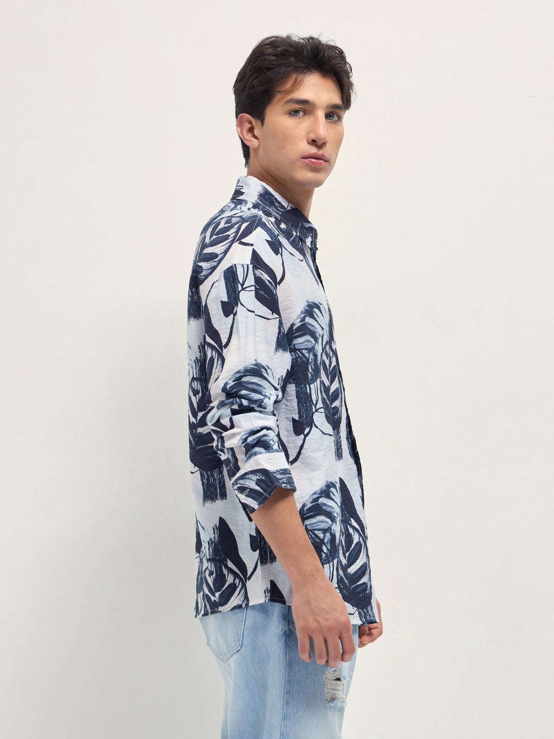 Men White Digital Tropical Print Relaxed Fit Overshirt