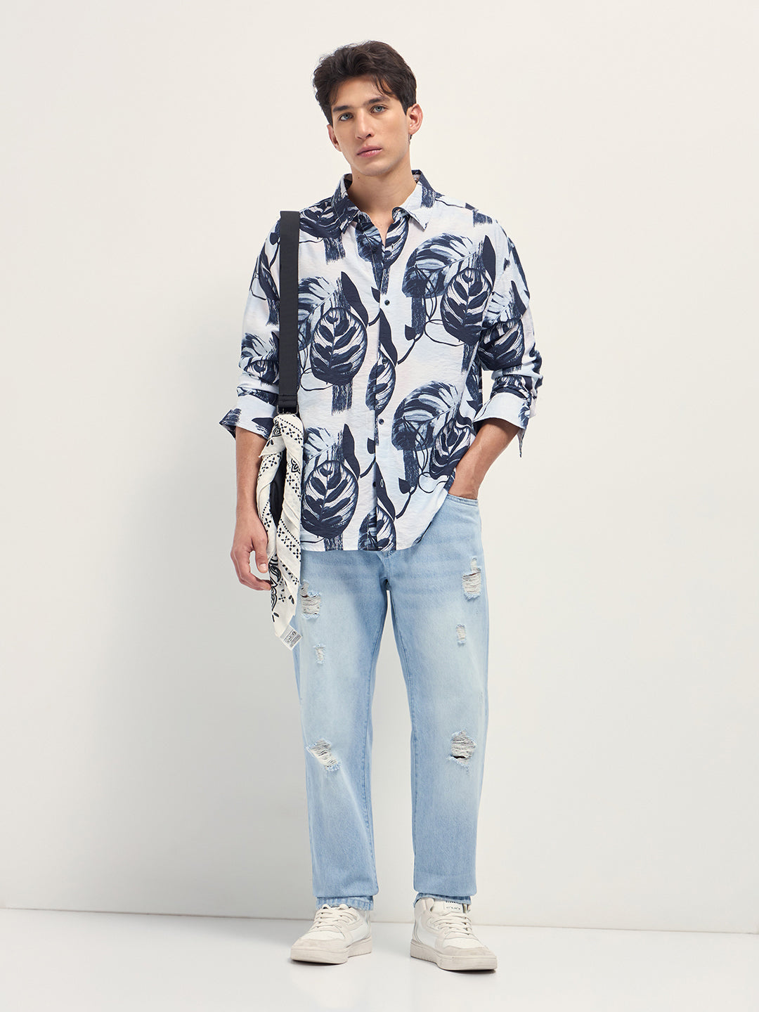 Men White Digital Tropical Print Relaxed Fit Overshirt