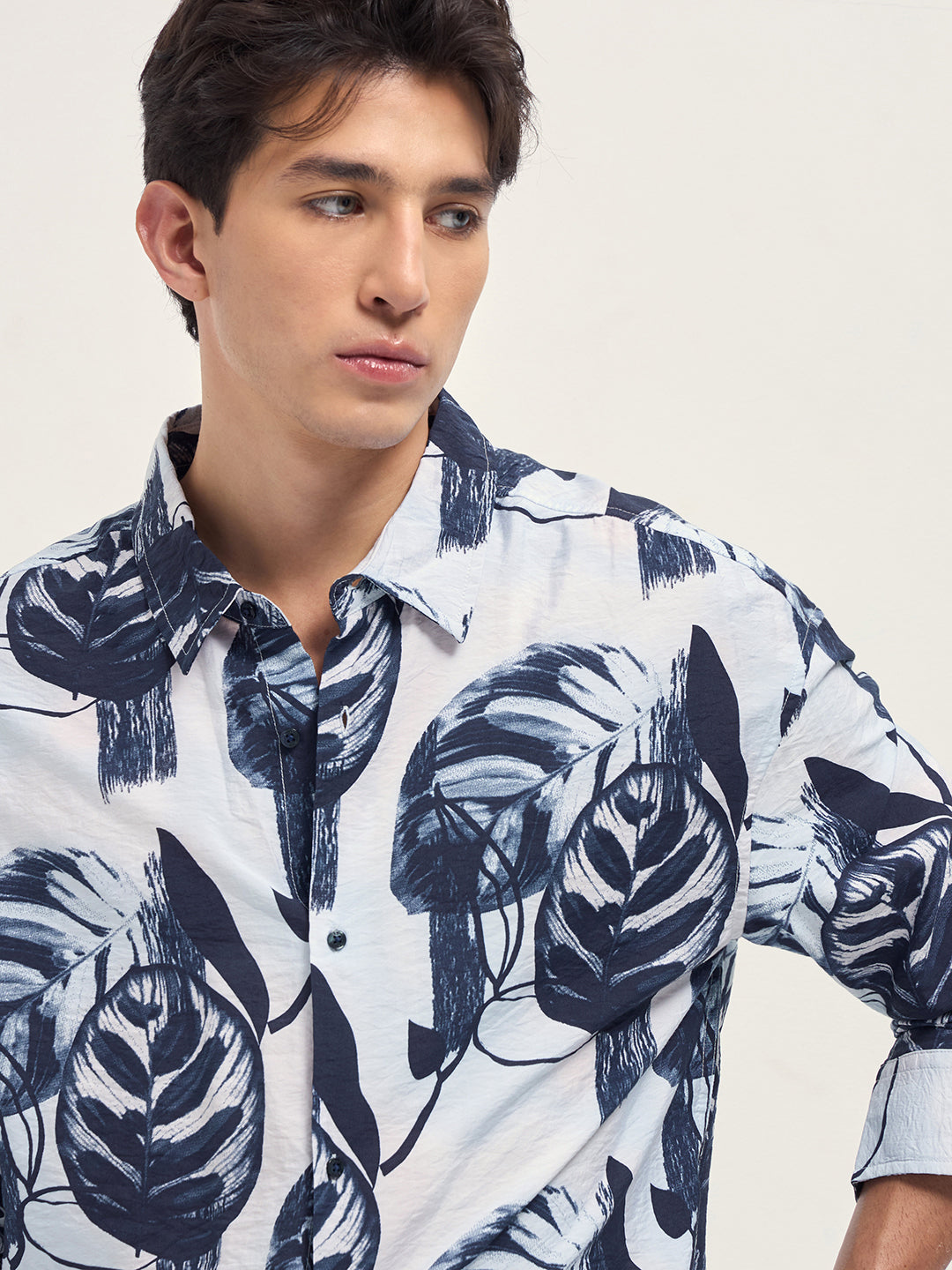 Men White Digital Tropical Print Relaxed Fit Overshirt