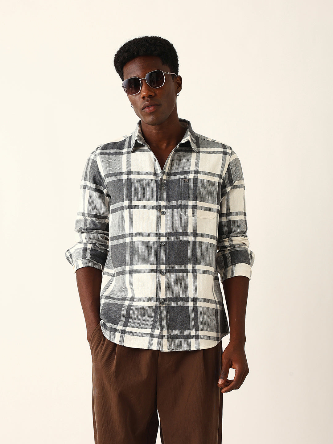 Men Grey Cotton Checked Shirt