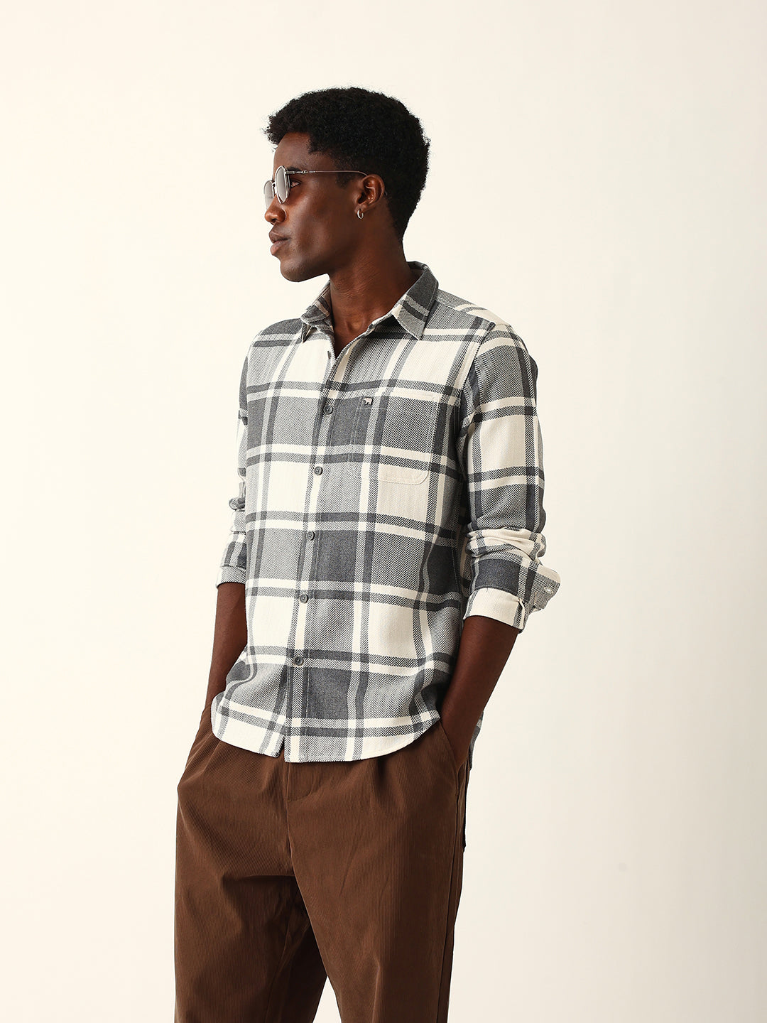Men Grey Cotton Checked Shirt