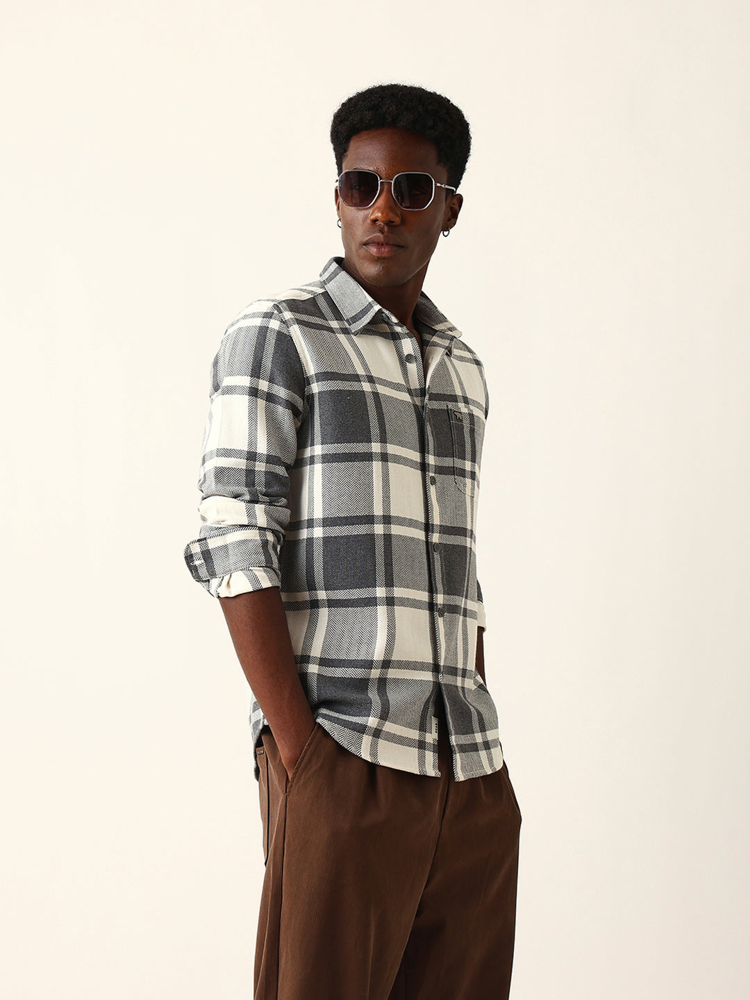 Men Grey Cotton Checked Shirt