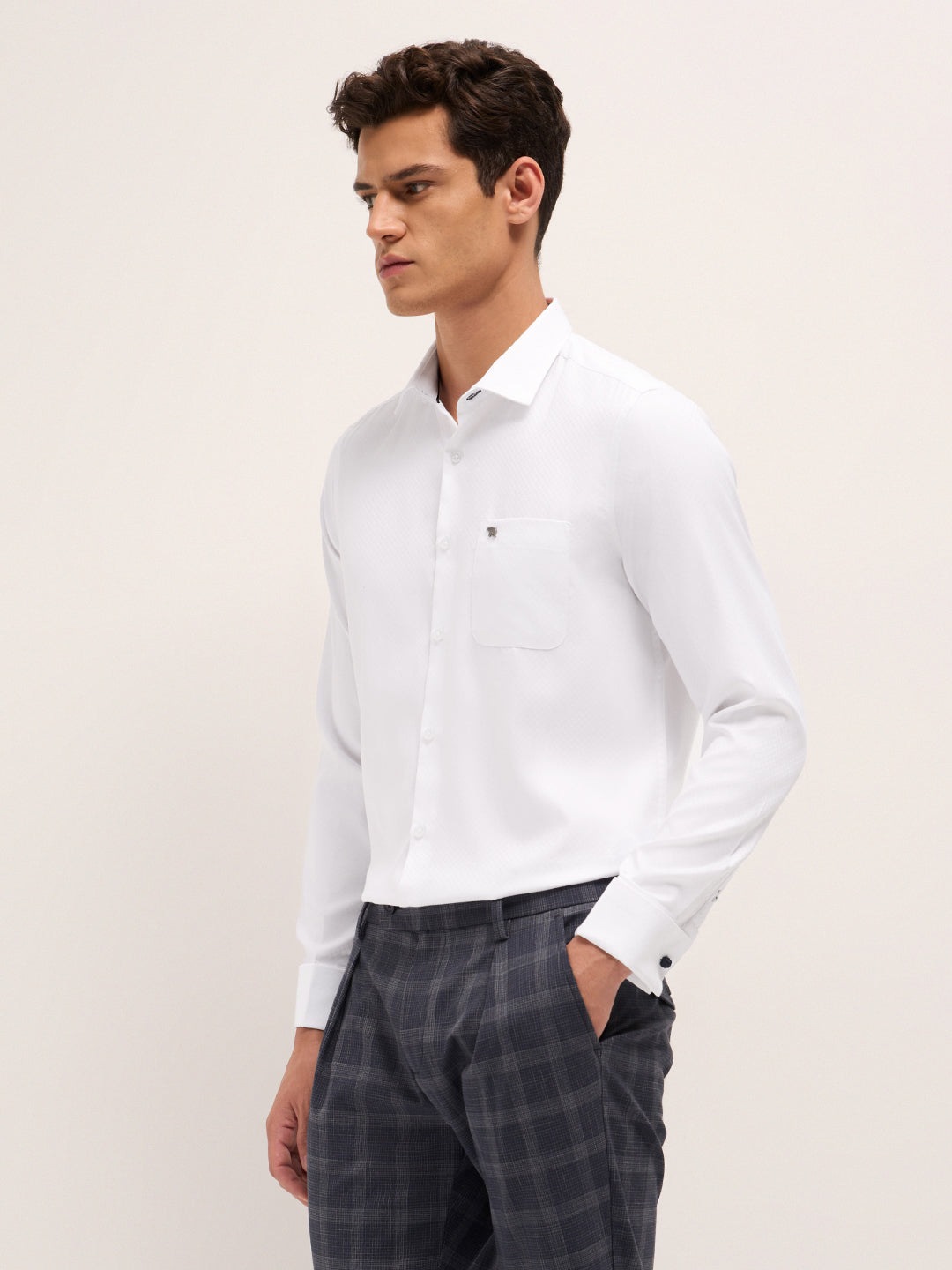 Men White Polyester Textured Shirt