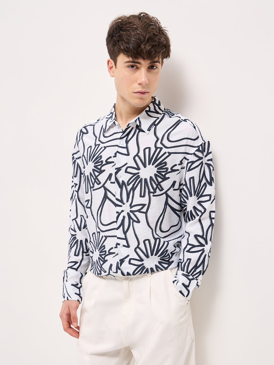 Men White Floral abstract printed Relax Fit Overshirt