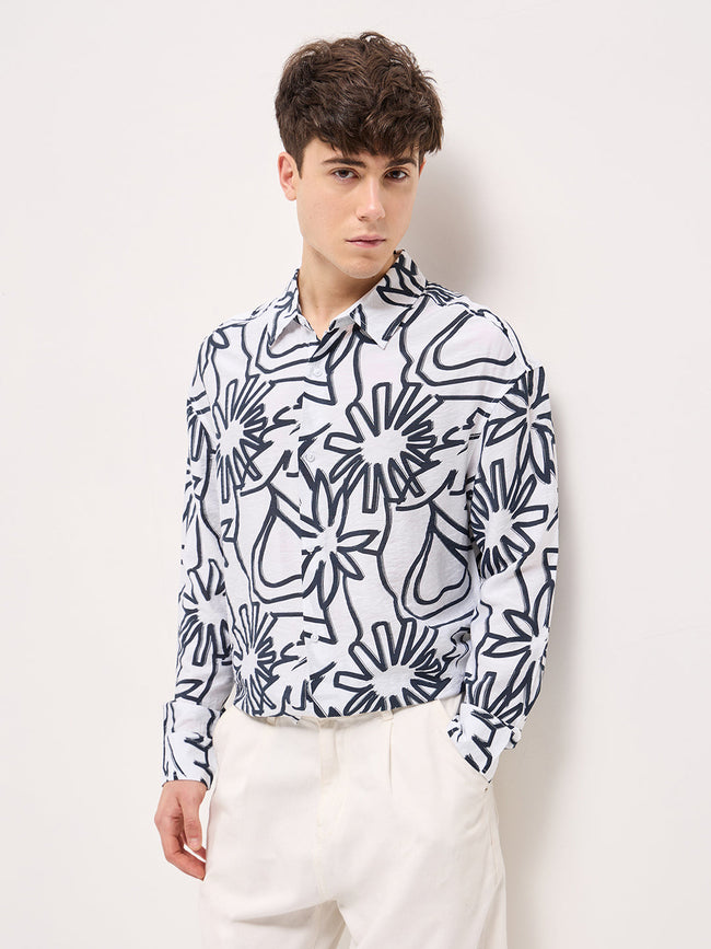 Men White Floral abstract printed Relax Fit Overshirt