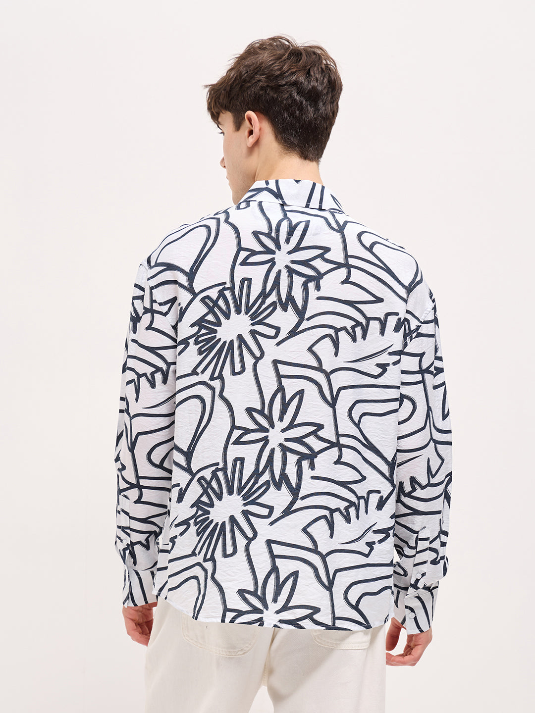 Men White Floral abstract printed Relax Fit Overshirt