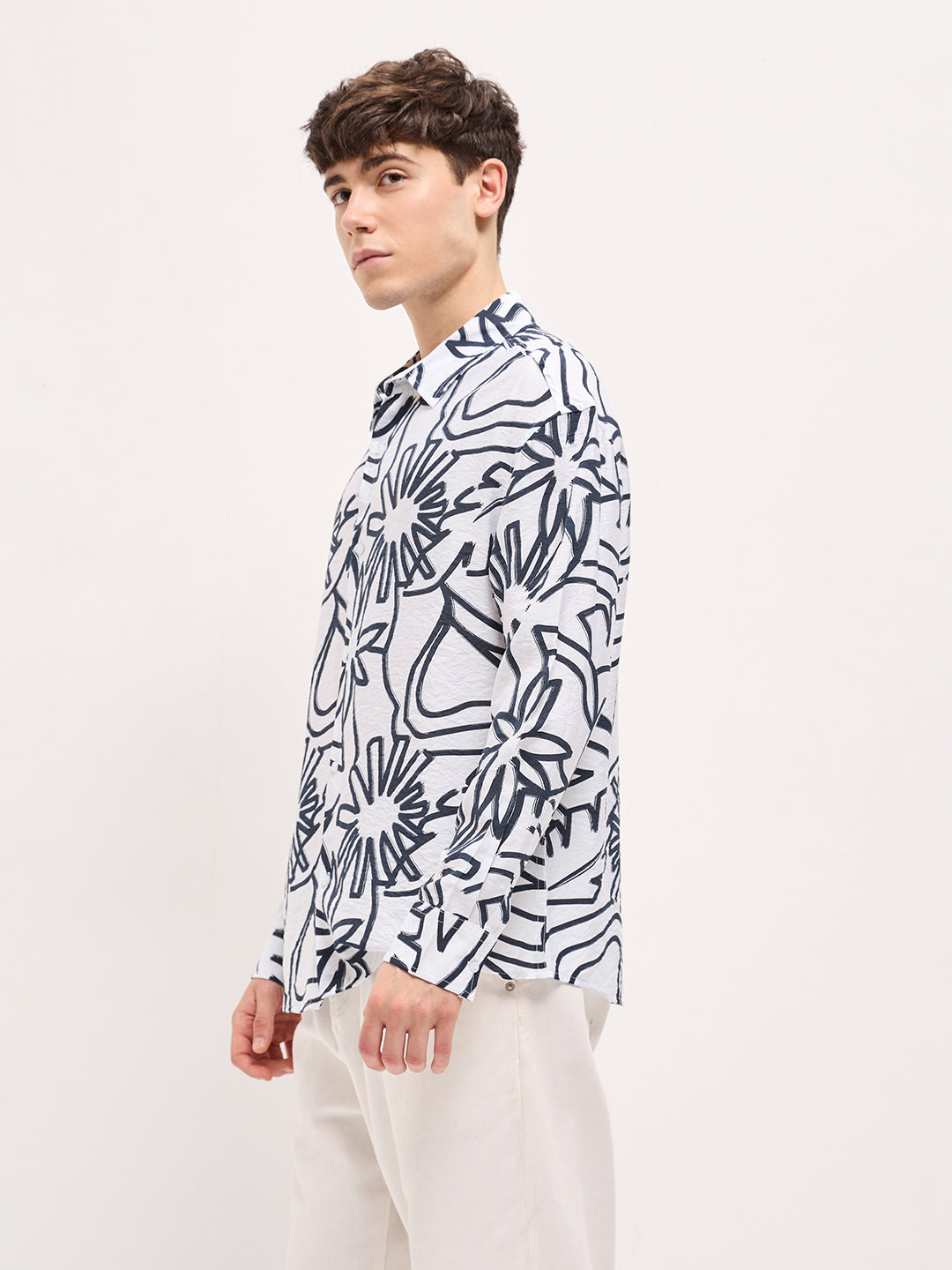 Men White Floral abstract printed Relax Fit Overshirt