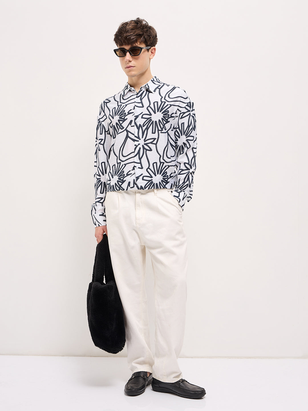 Men White Floral abstract printed Relax Fit Overshirt