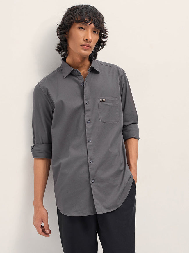Men Grey Cotton Blend Solid Slim Fit Casual Shirt