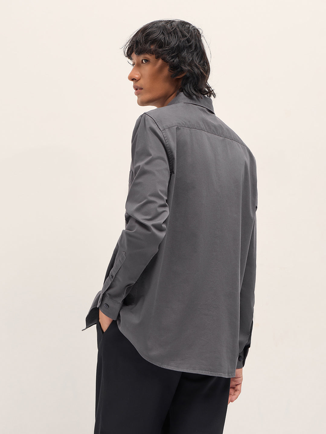 Men Grey Cotton Blend Solid Slim Fit Casual Shirt