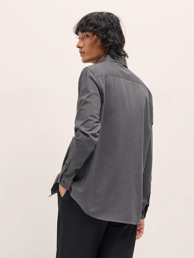 Men Grey Cotton Blend Solid Slim Fit Casual Shirt
