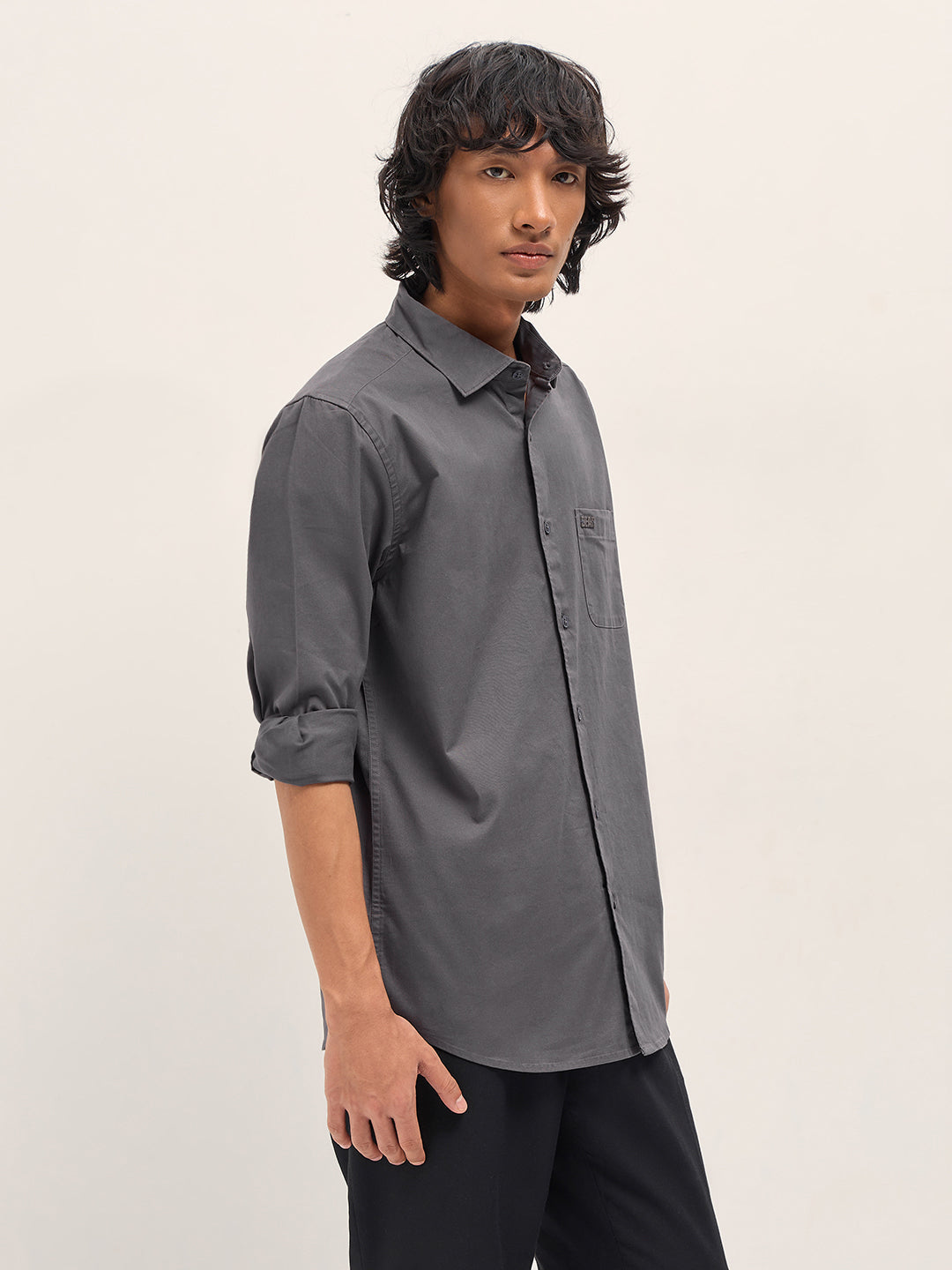 Men Grey Cotton Blend Solid Slim Fit Casual Shirt