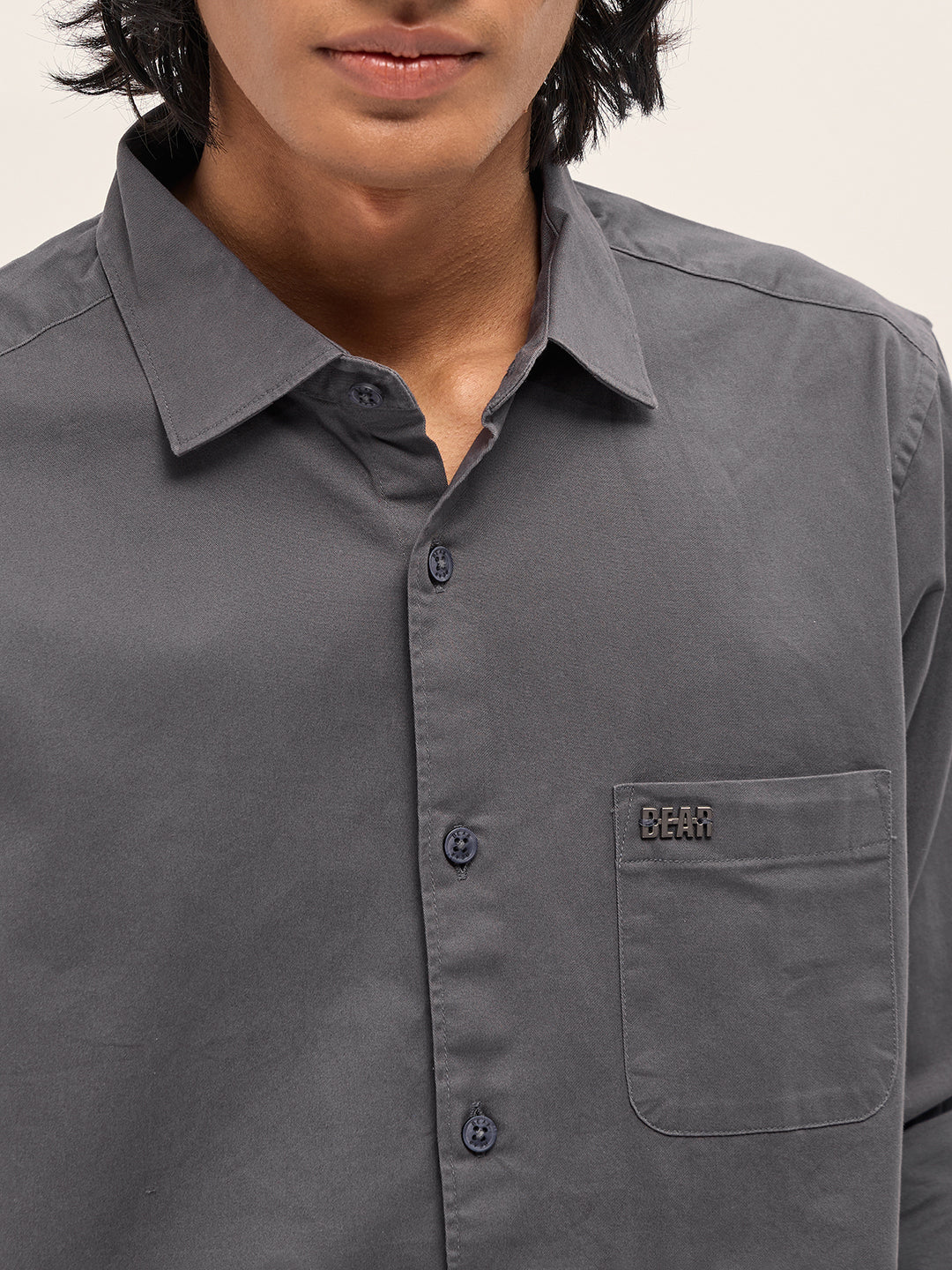 Men Grey Cotton Blend Solid Slim Fit Casual Shirt