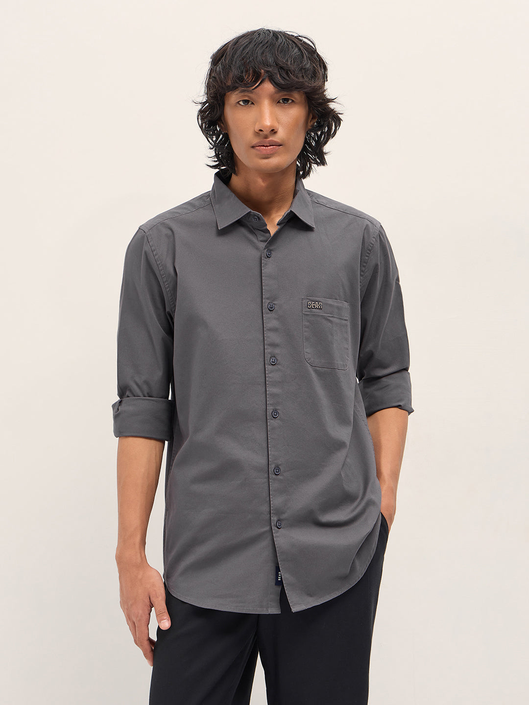 Men Grey Cotton Blend Solid Slim Fit Casual Shirt