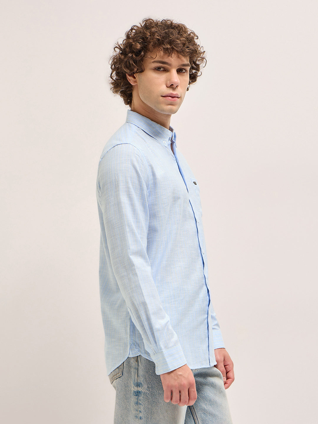 Men Light Blue Stripes Slim Fit Casual Shirt