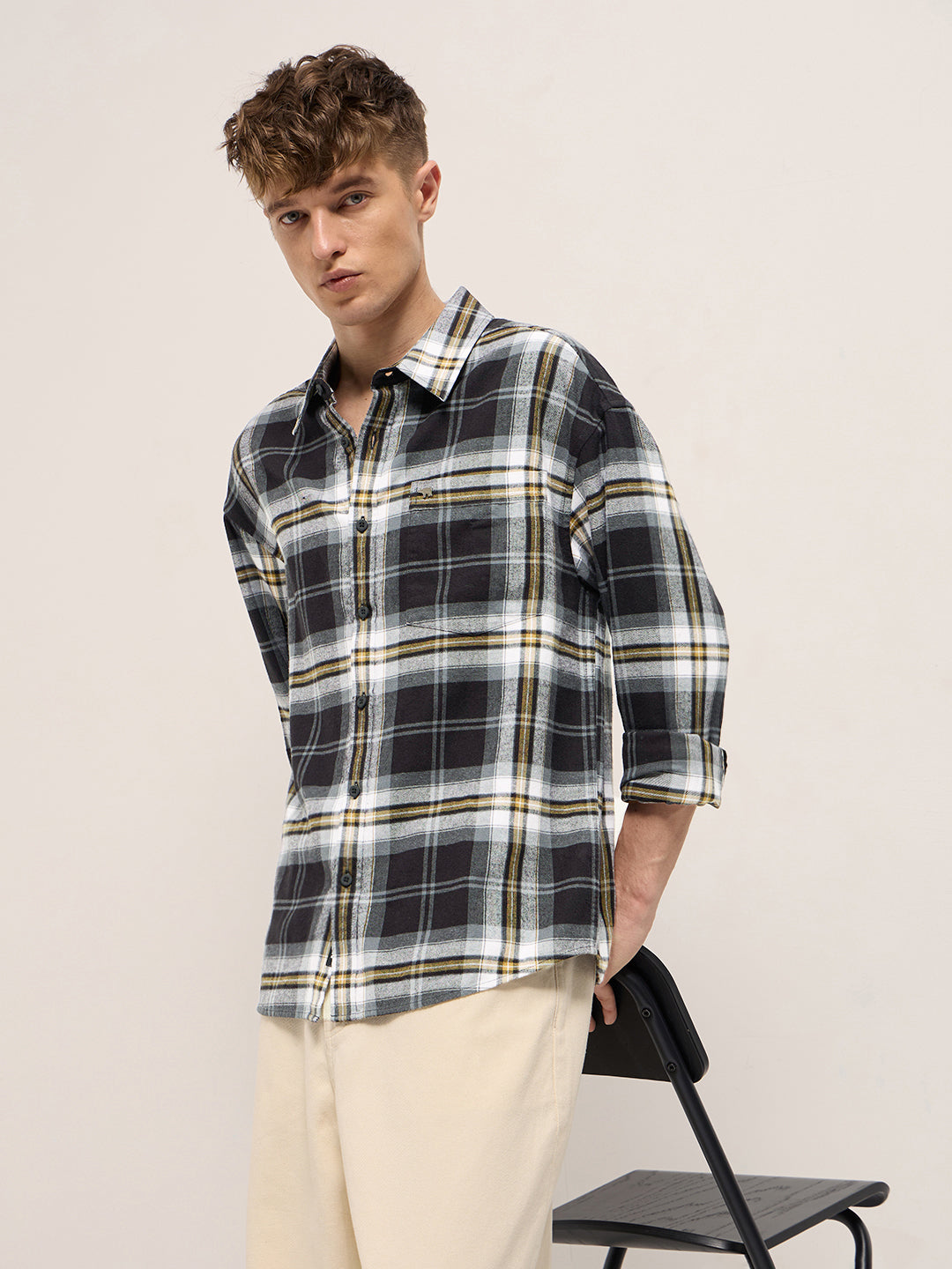 Men Multicolor Flannel Checkered Relaxed Fit Overshirt
