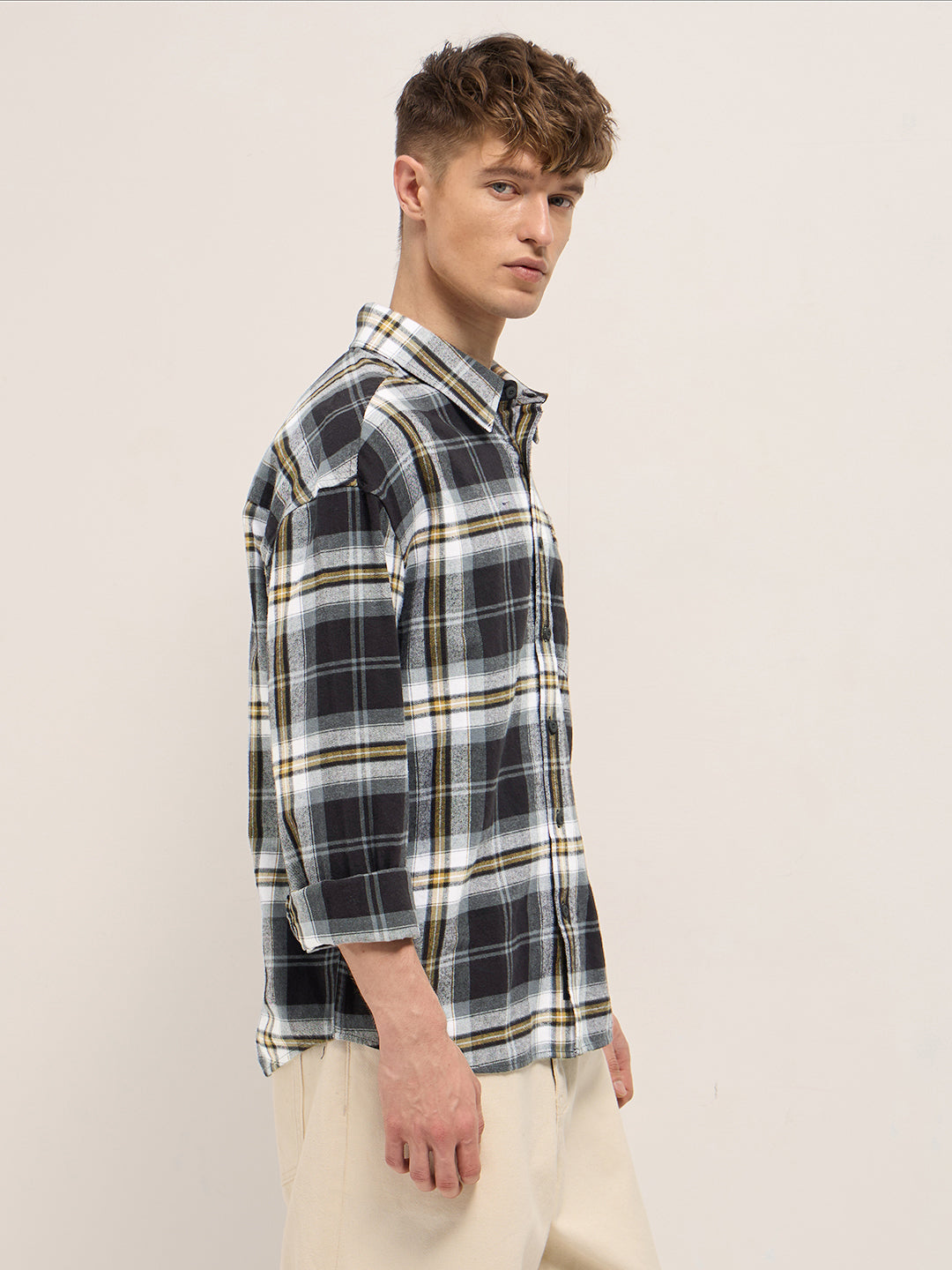 Men Multicolor Flannel Checkered Relaxed Fit Overshirt