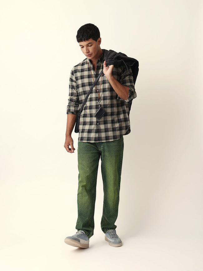 Men Green Cotton Checked Shirt
