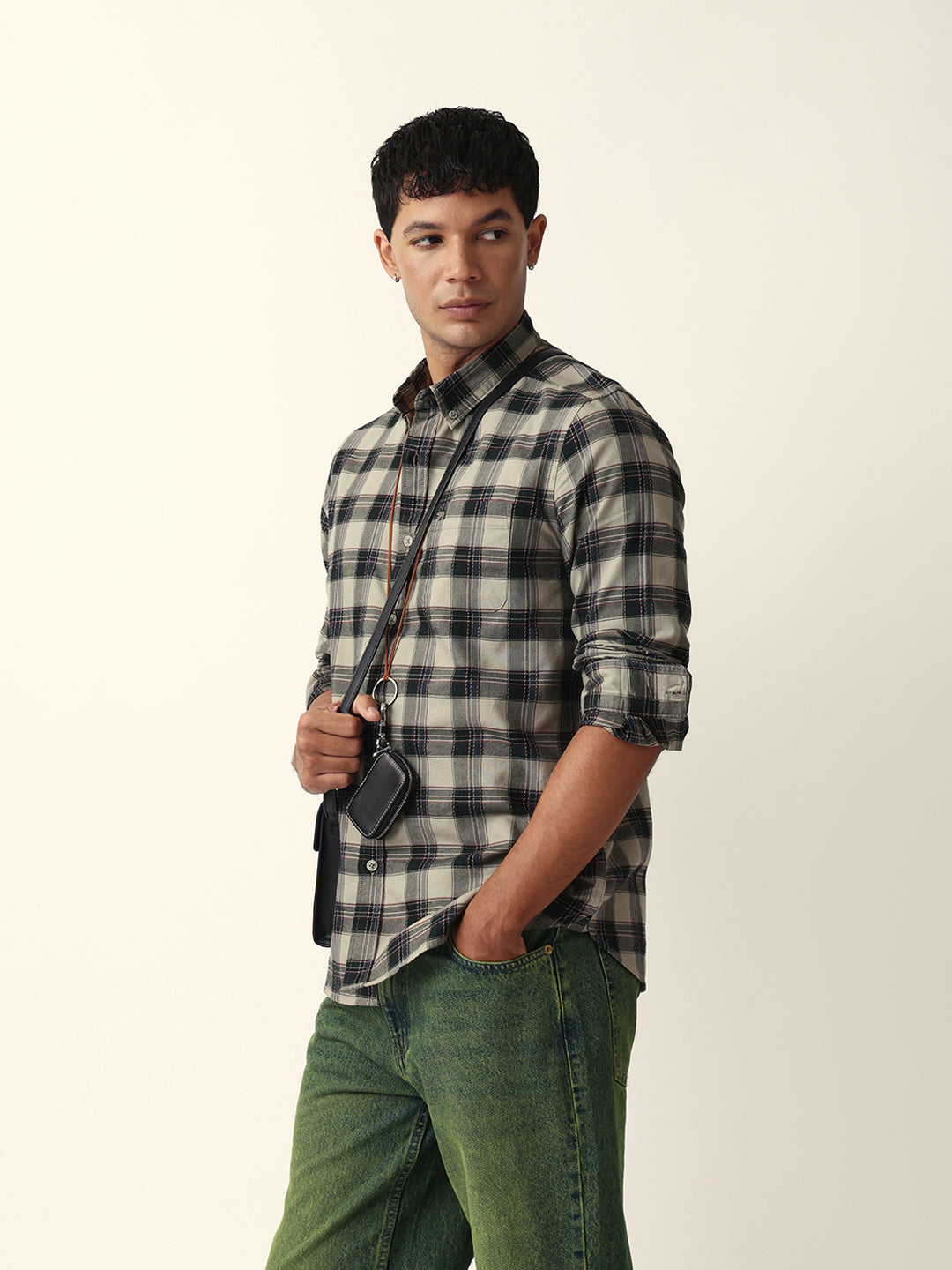 Men Green Cotton Checked Shirt