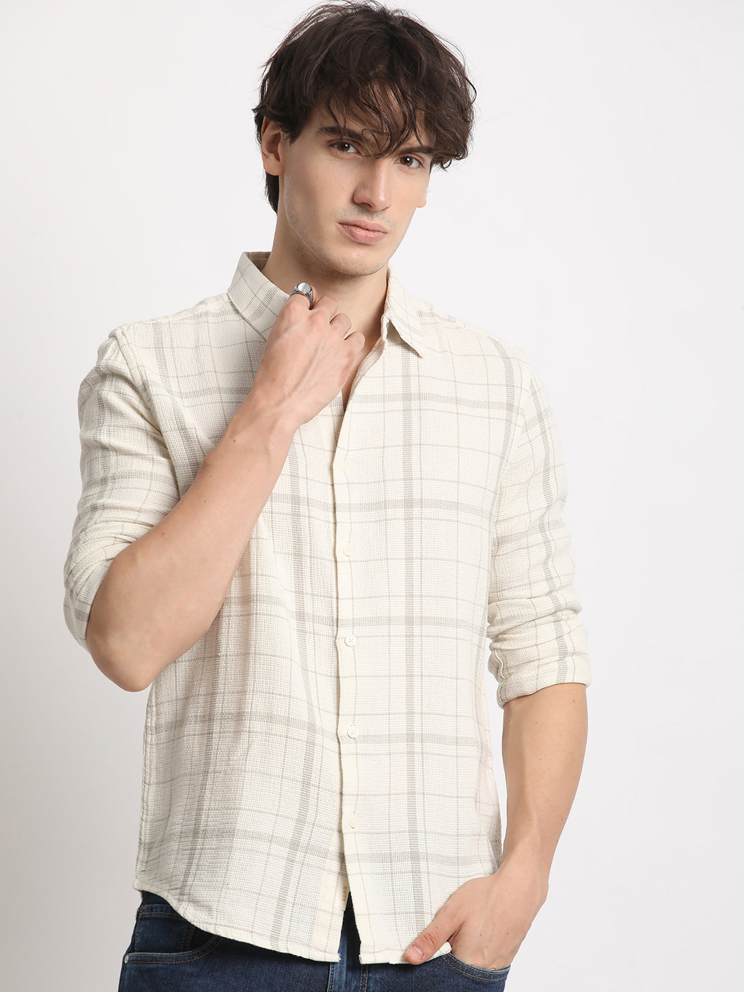 Men  White Checked Slim Fit Cotton Casual Shirt