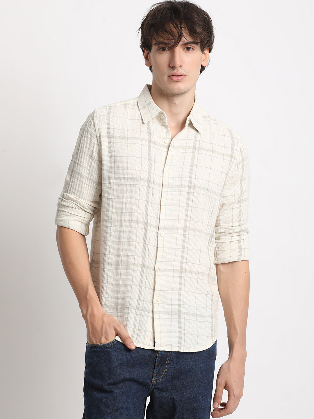 Men  White Checked Slim Fit Cotton Casual Shirt