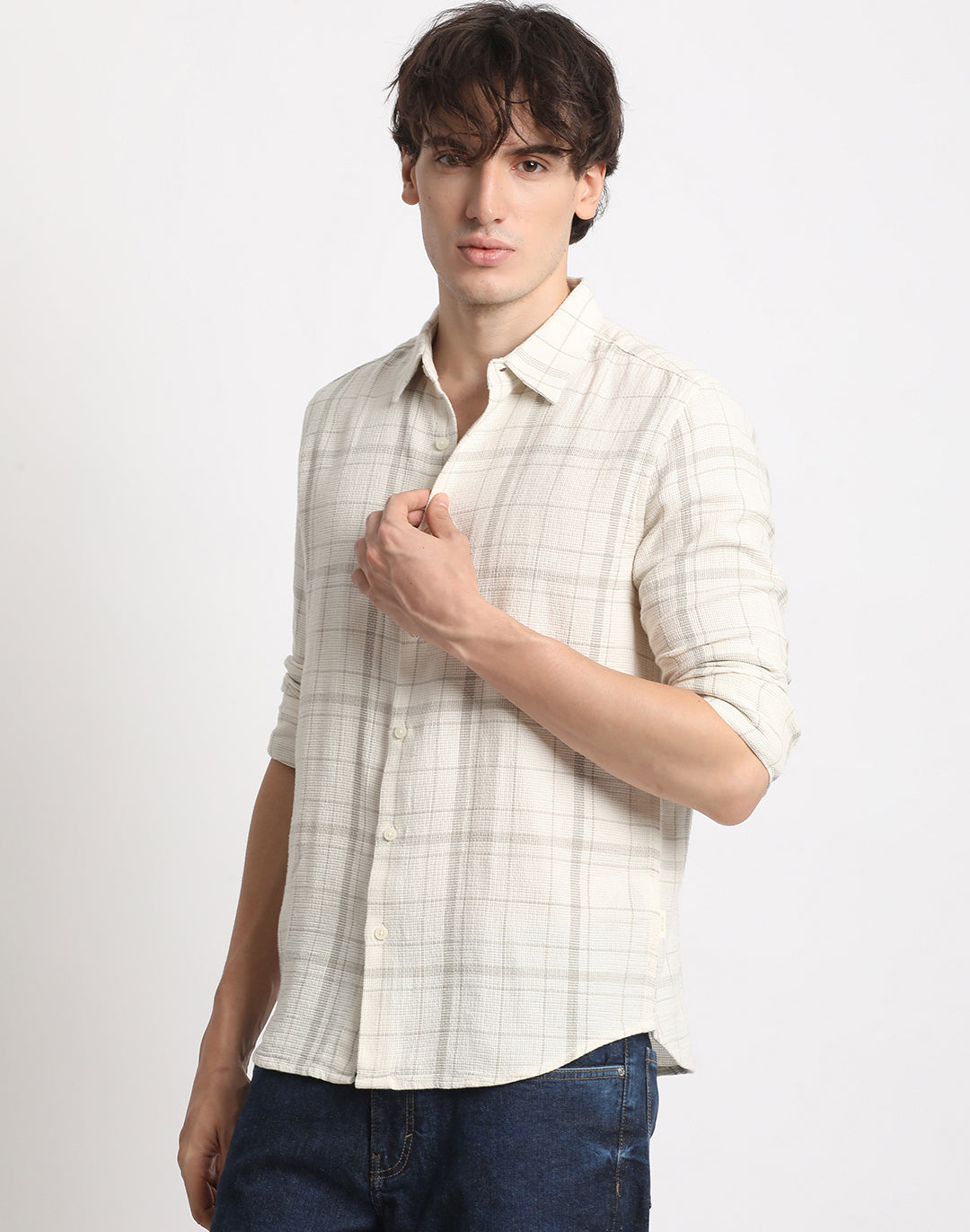 Men  White Checked Slim Fit Cotton Casual Shirt