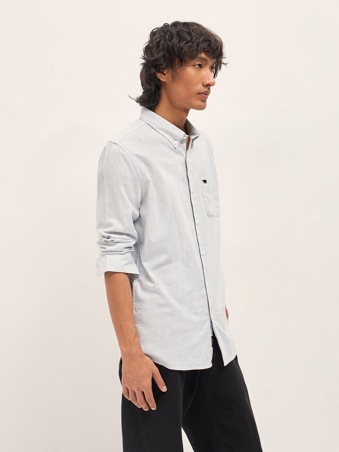 Men Grey Solid Slim Fit Casual Shirt
