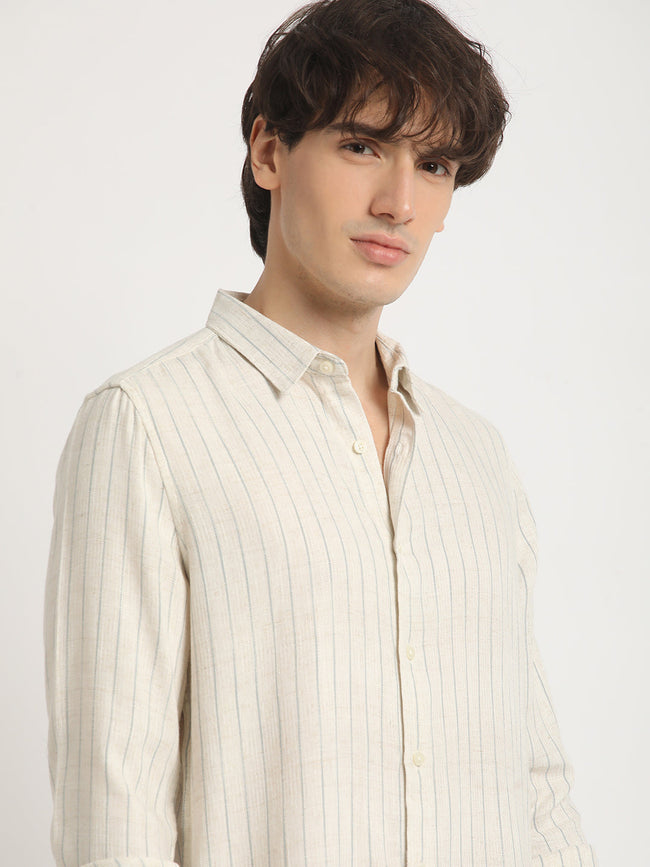 Men  Beige Stripe Slim Fit Cotton Casual Shirt
