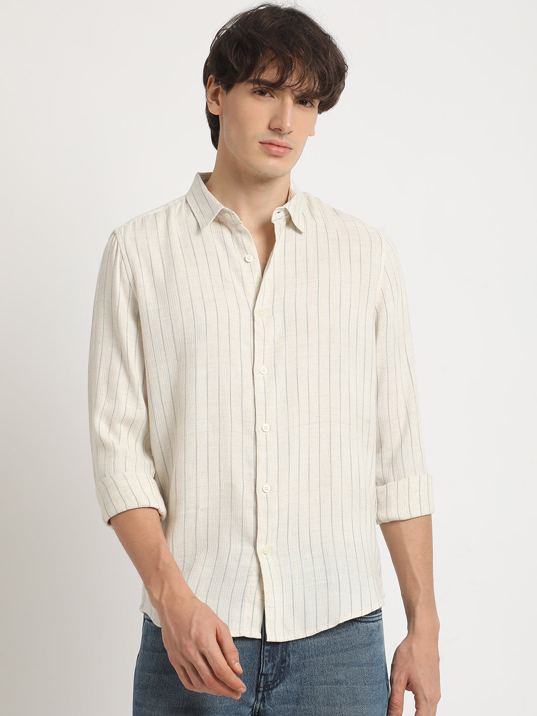 Men  Beige Stripe Slim Fit Cotton Casual Shirt