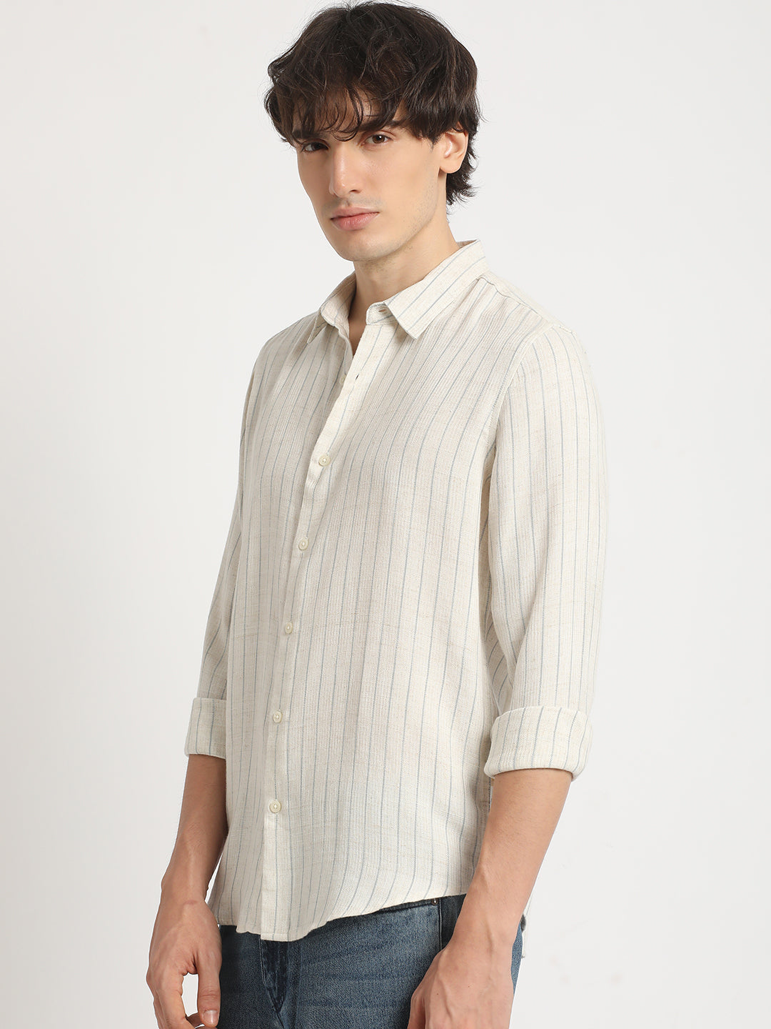 Men  Beige Stripe Slim Fit Cotton Casual Shirt