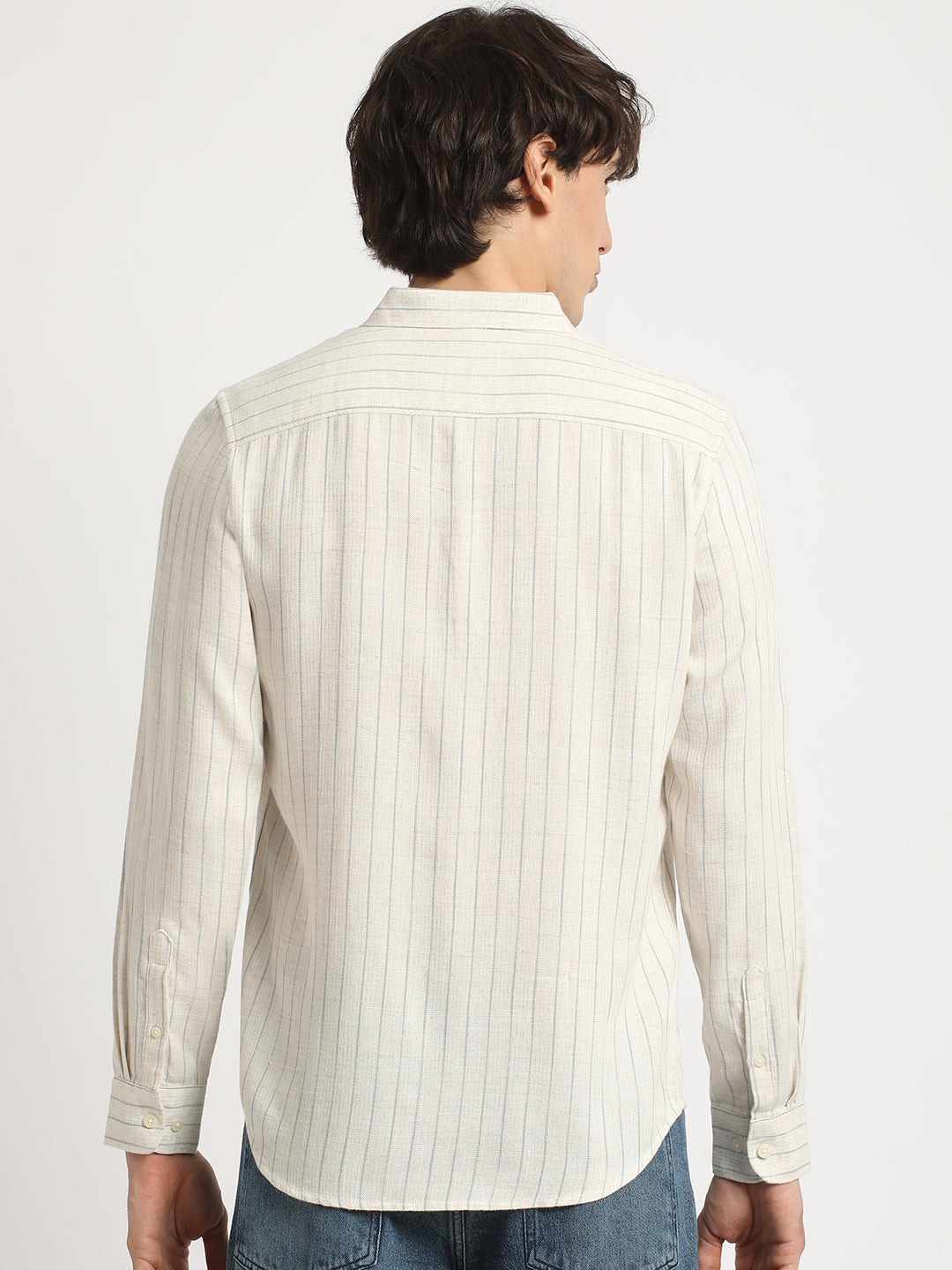 Men  Beige Stripe Slim Fit Cotton Casual Shirt