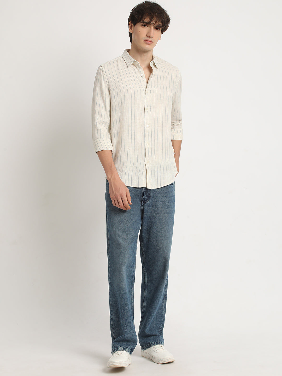 Men  Beige Stripe Slim Fit Cotton Casual Shirt